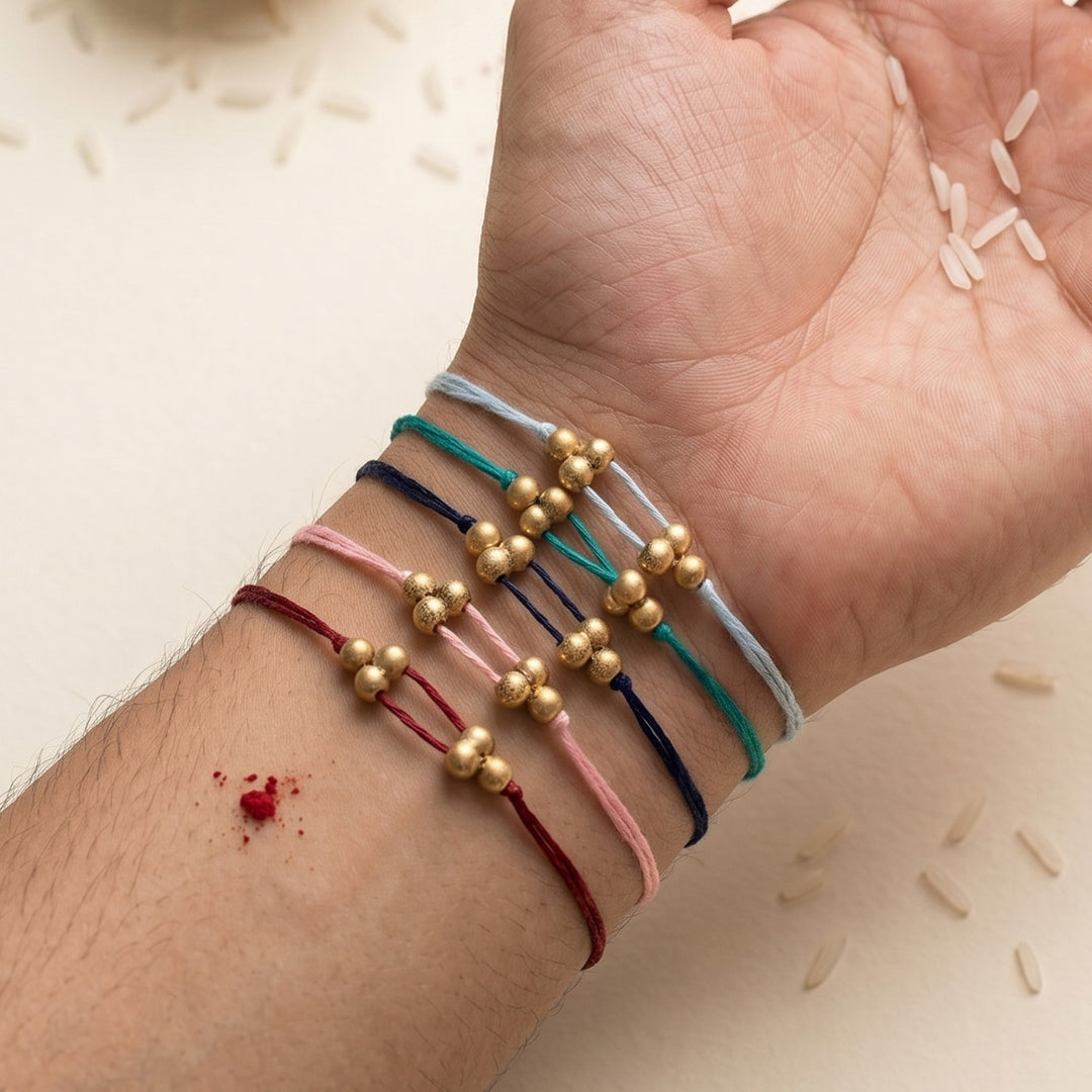 Handmade Golden Beads Simple Rakhi With Roli Chawal For Bhaiya