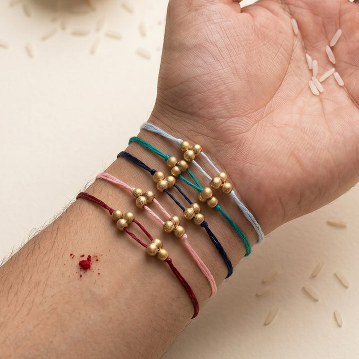 Handmade Golden Beads Simple Rakhi With Roli Chawal For Bhaiya