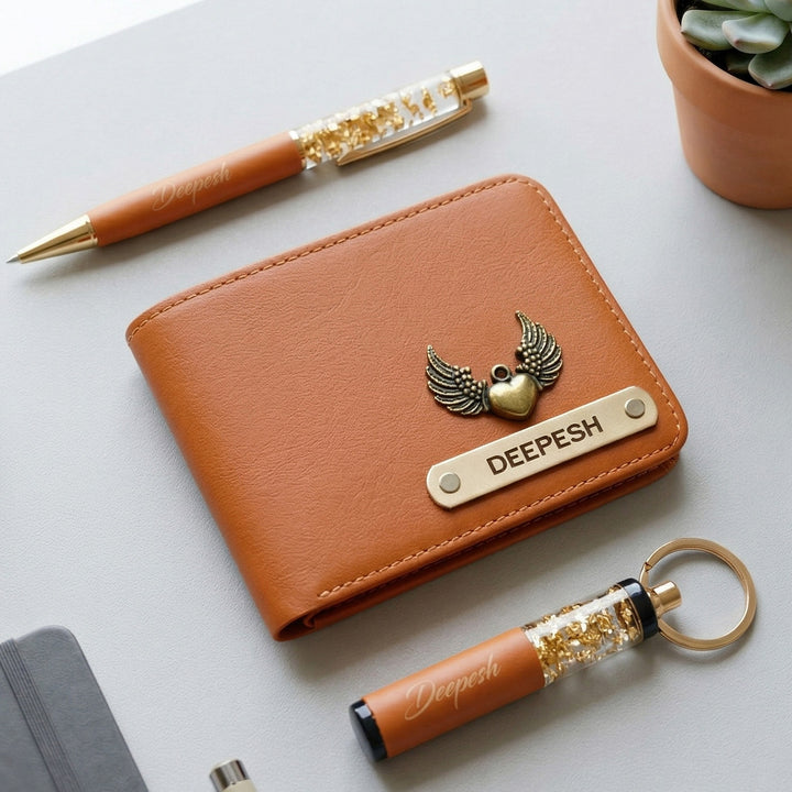 3 Pc | Personalized Faux Leather Gift Set For Men | Includes 1 Wallet, 1 Pen, 1 Keychain