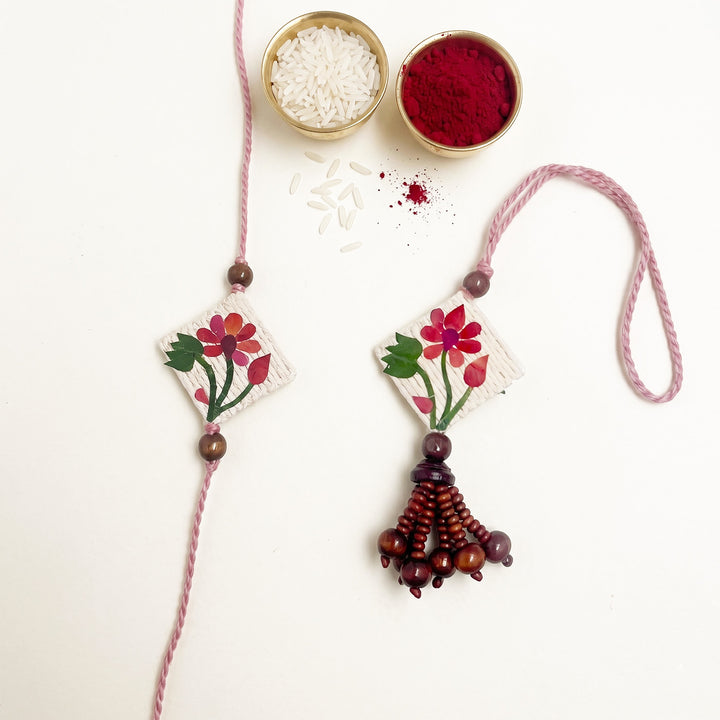 Handmade Pressed Flower Art Lotus Rakhi Lumba With Roli Chawal For Bhaiya Bhabhi