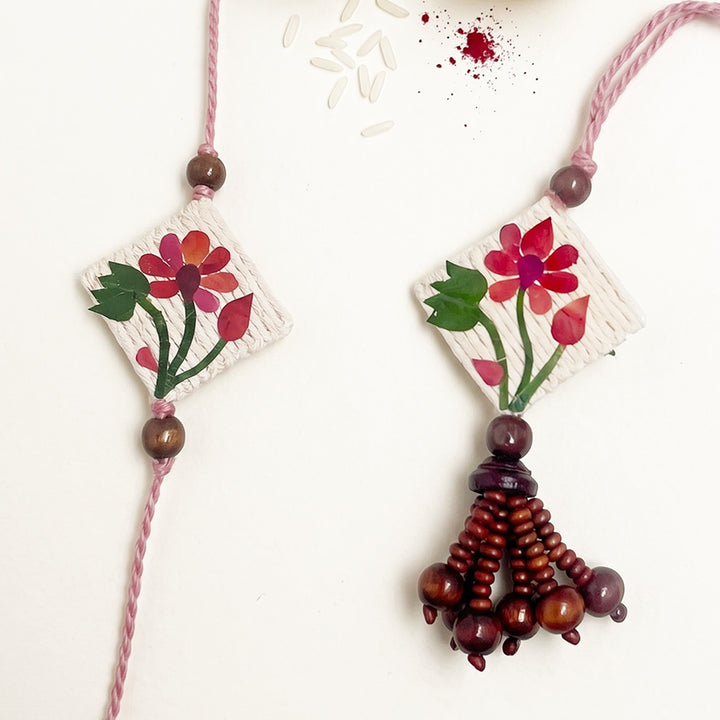 Handmade Pressed Flower Art Lotus Rakhi Lumba With Roli Chawal For Bhaiya Bhabhi