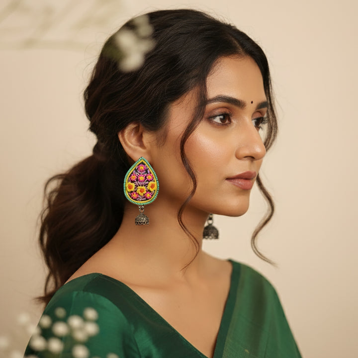 Hand Embroidered Beaded Multicolor Floral Earrings