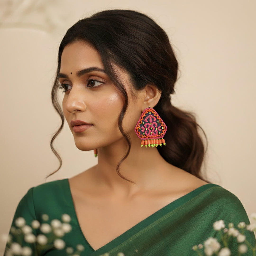 Hand Embroidered Beaded Pink & Orange Earrings