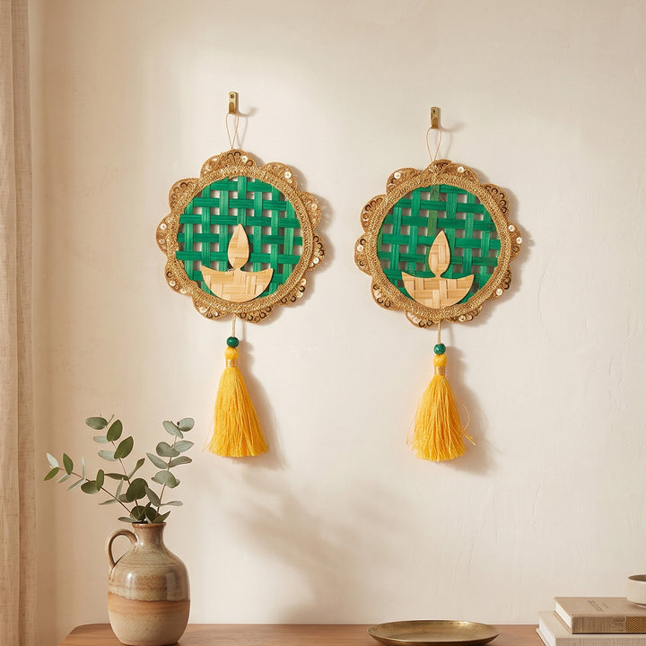 Set of 2 | Deepak Handcrafted Bamboo Diya Wall Hanging For Festive Decor