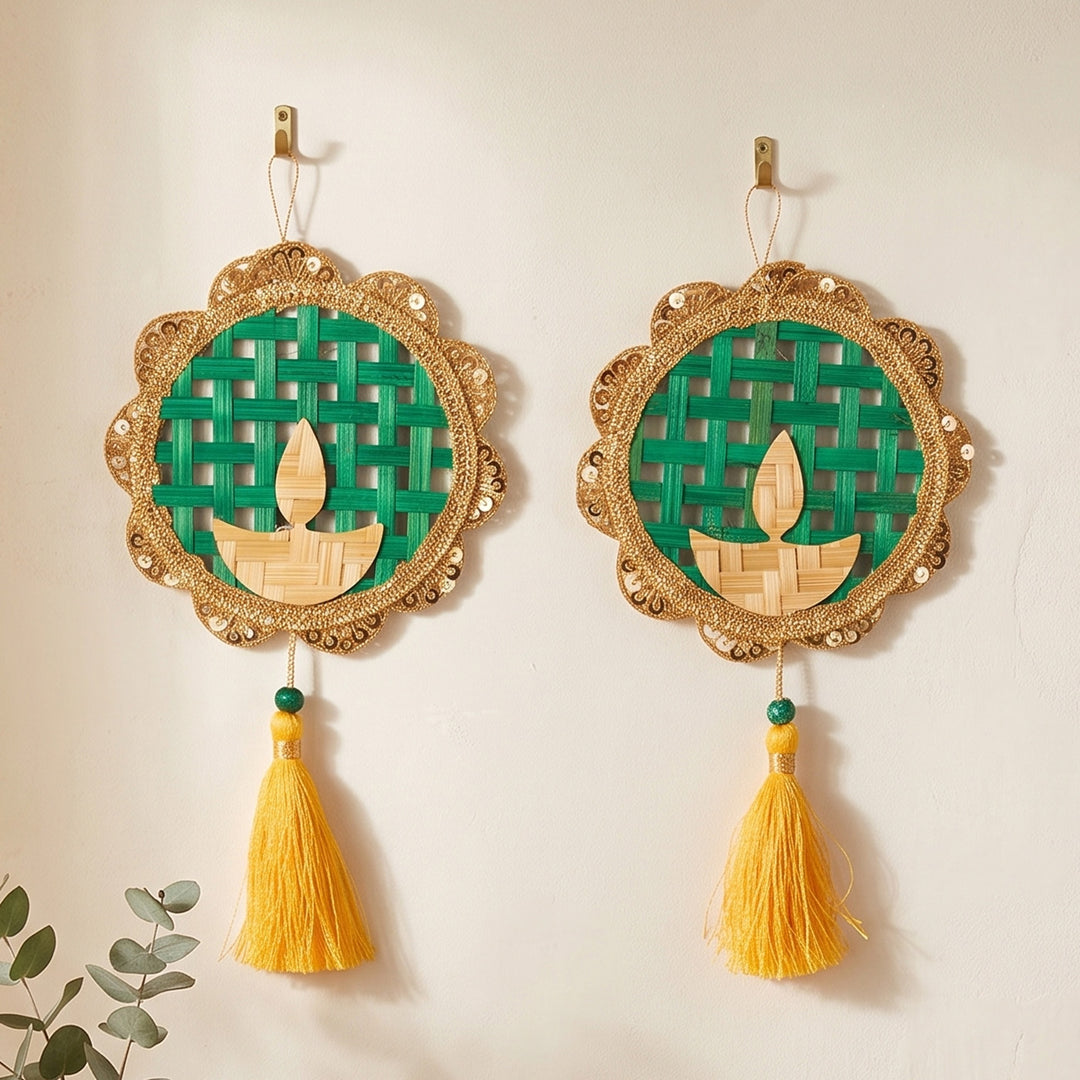 Set of 2 | Deepak Handcrafted Bamboo Diya Wall Hanging For Festive Decor