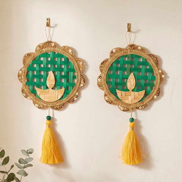 Set of 2 | Deepak Handcrafted Bamboo Diya Wall Hanging For Festive Decor