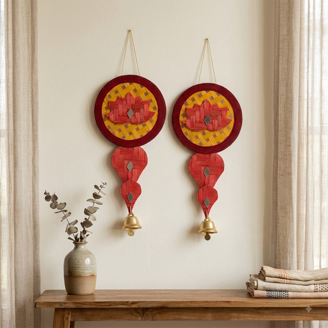 Set of 2 | "Saroj" Handcrafted Bamboo Lotus Wall Hanging with Metal Bell For Festive Decor