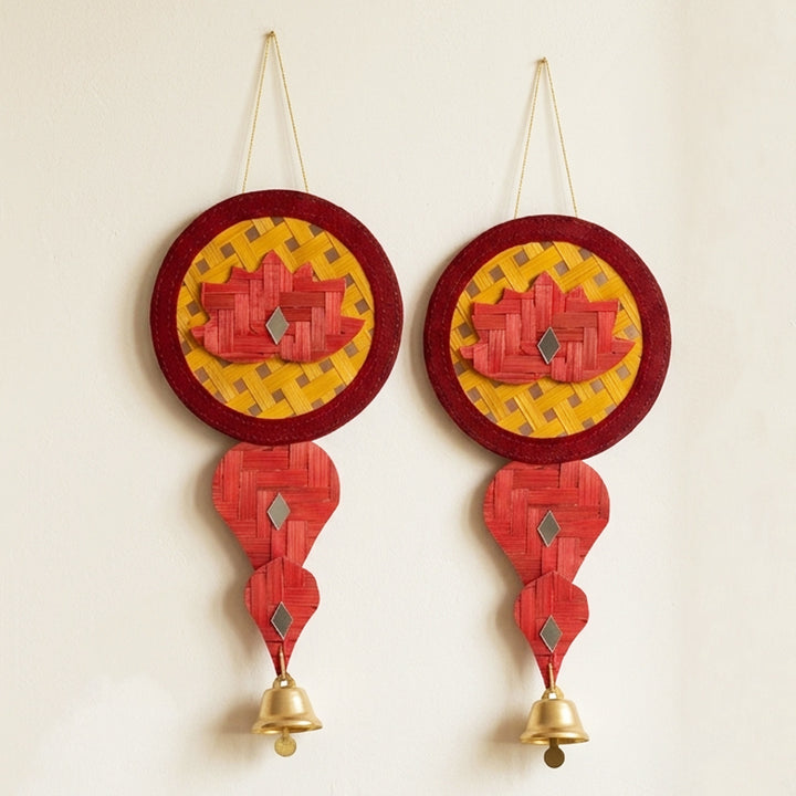 Set of 2 | "Saroj" Handcrafted Bamboo Lotus Wall Hanging with Metal Bell For Festive Decor