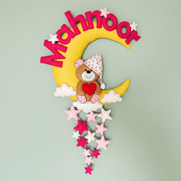 Hand-stitched Teddy Themed Felt Moon Nameplate For Kids