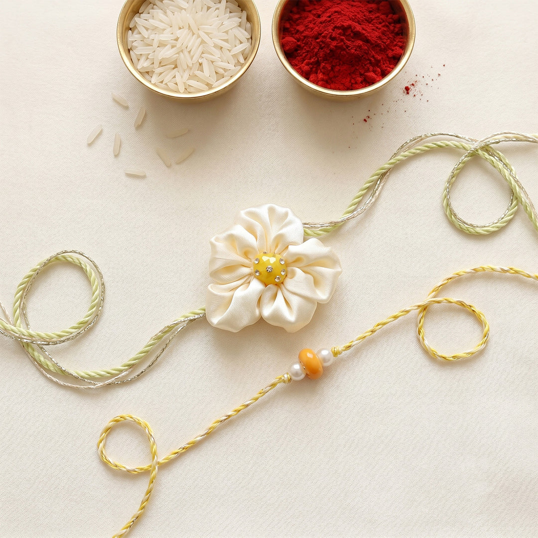 Handmade Daisy Phool Floral Couple Rakhi Lumba Set With Roli Chawal For Bhaiya Bhabhi