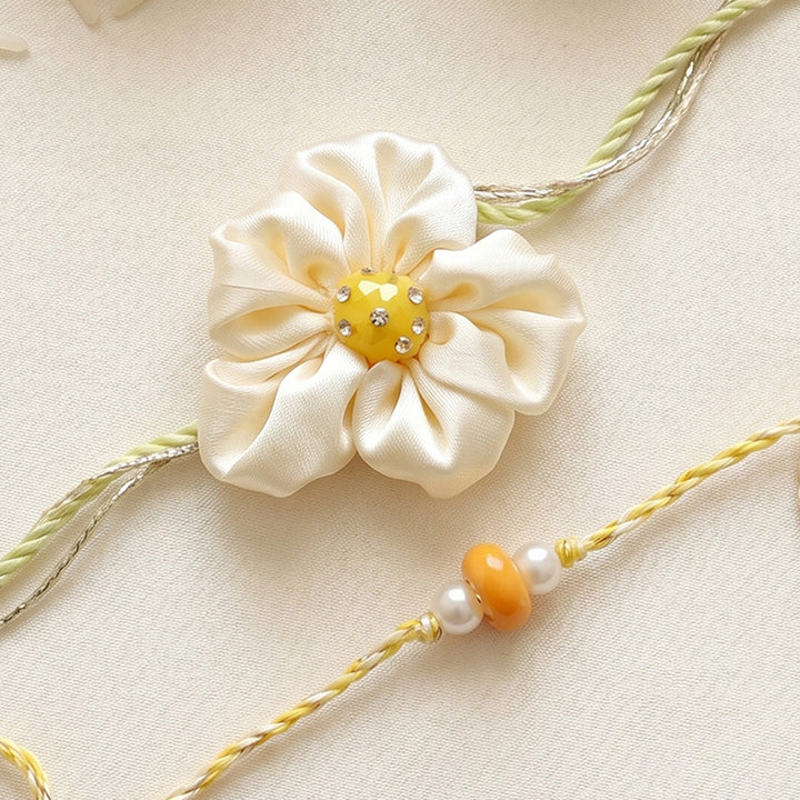 Handmade Daisy Phool Floral Couple Rakhi Lumba Set With Roli Chawal For Bhaiya Bhabhi