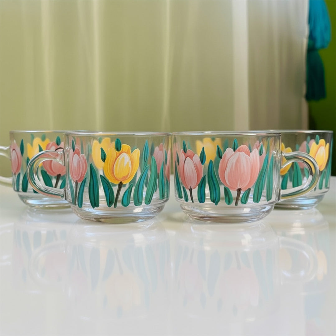 Hand-Painted Tulips Glass Tea Cups