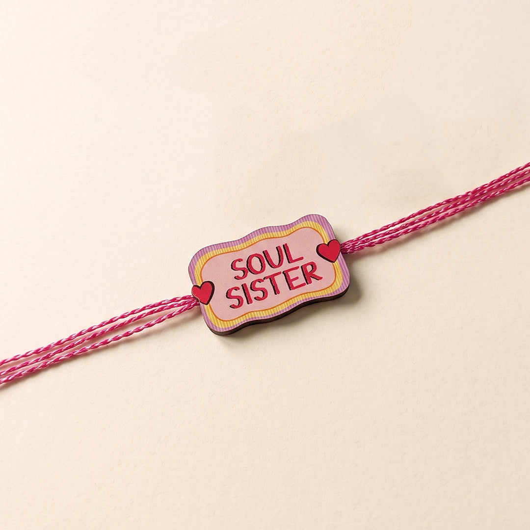 Glossy Printed Wooden 'Soul Sister' Rakhi With Kumkum Rice For Sister