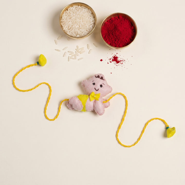 Hand Embroidered Crawling Baby Rakhi With Brooch Pin & Keychain For Baby Brother