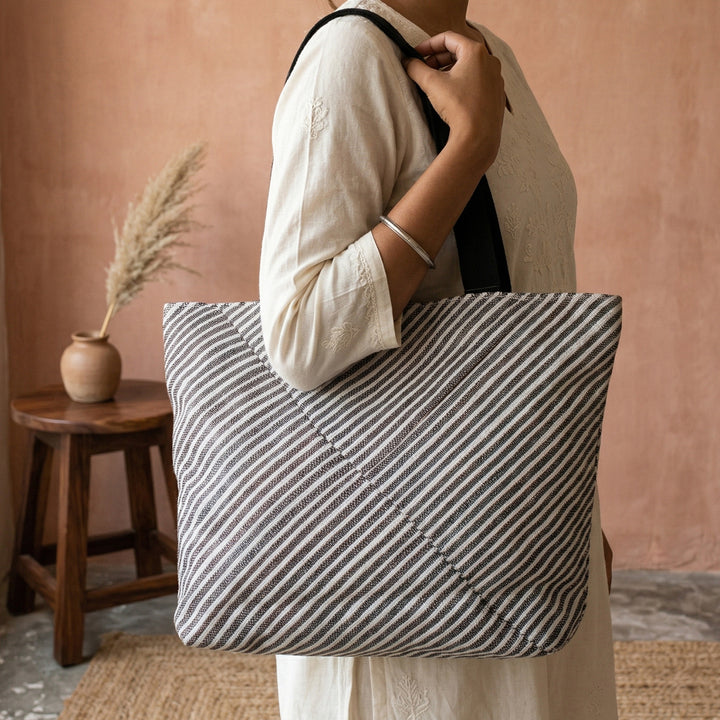 Silver and Black Striped Upcycled Plastic Handcrafted Beach Tote Bag
