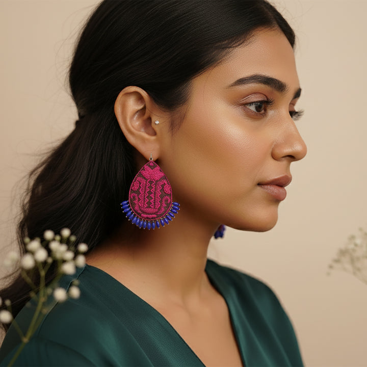 Hand Embroidered Beaded Pink & Blue Earrings