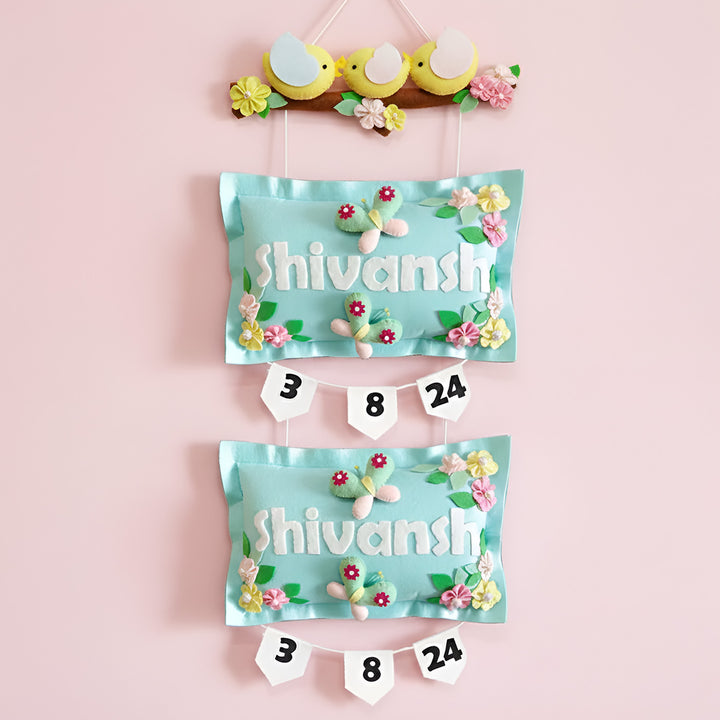 Hand-stitched Pillow & Bird Theme Felt Kids Name Plate for Siblings