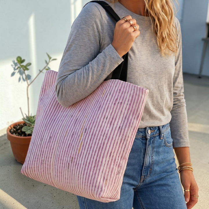 Pink and White Striped Upcycled Plastic Handcrafted Classic Tote Bag For Everyday Use