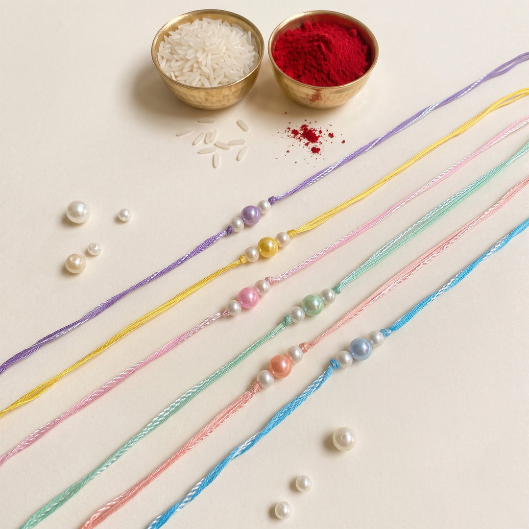 Handmade Rainbow Pearl Rakhi With Roli Chawal | Set of 6