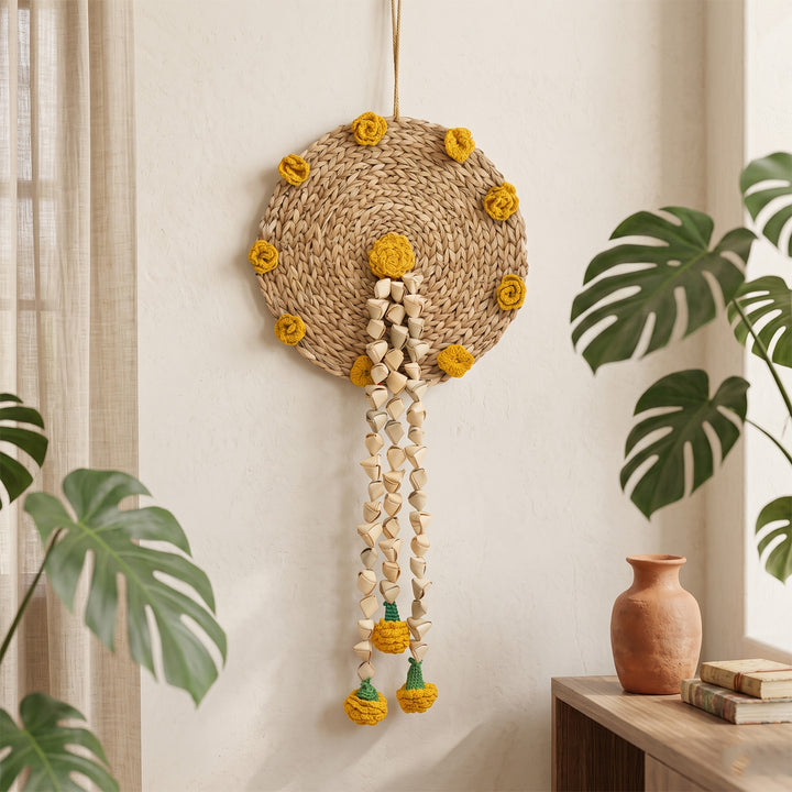 "Genda" Handcrafted Chamba Wall Hanging With Crochet Marigolds For Festive Decor