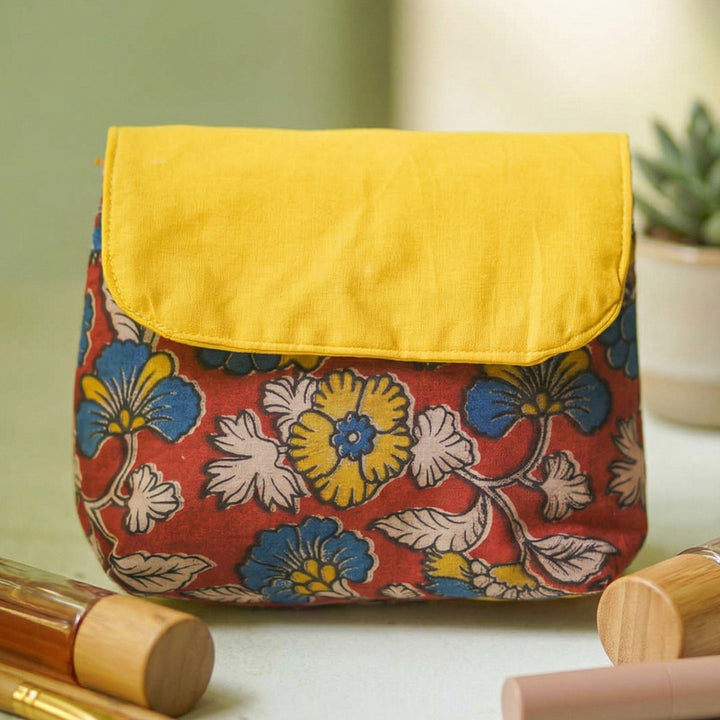 Red & Yellow Floral Cotton Makeup Pouch