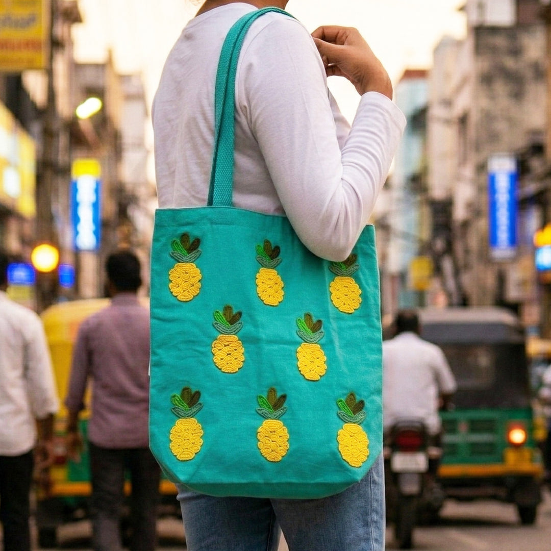 Hand-Embroidered Dori Work Teal Pineapple Tote Bag