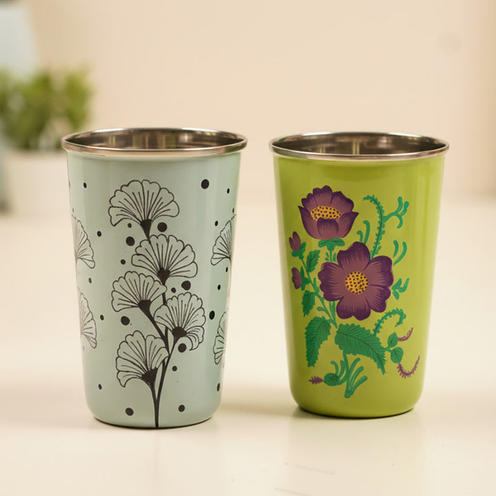 2Pc | Hand-Painted Floral Kashmiri Art Stainless Steel Large Glasses