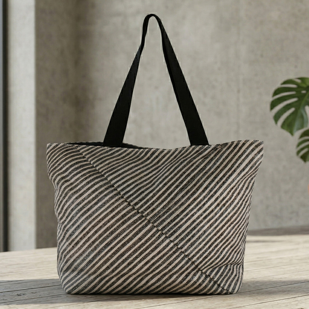 Silver and Black Striped Upcycled Plastic Handcrafted Beach Tote Bag