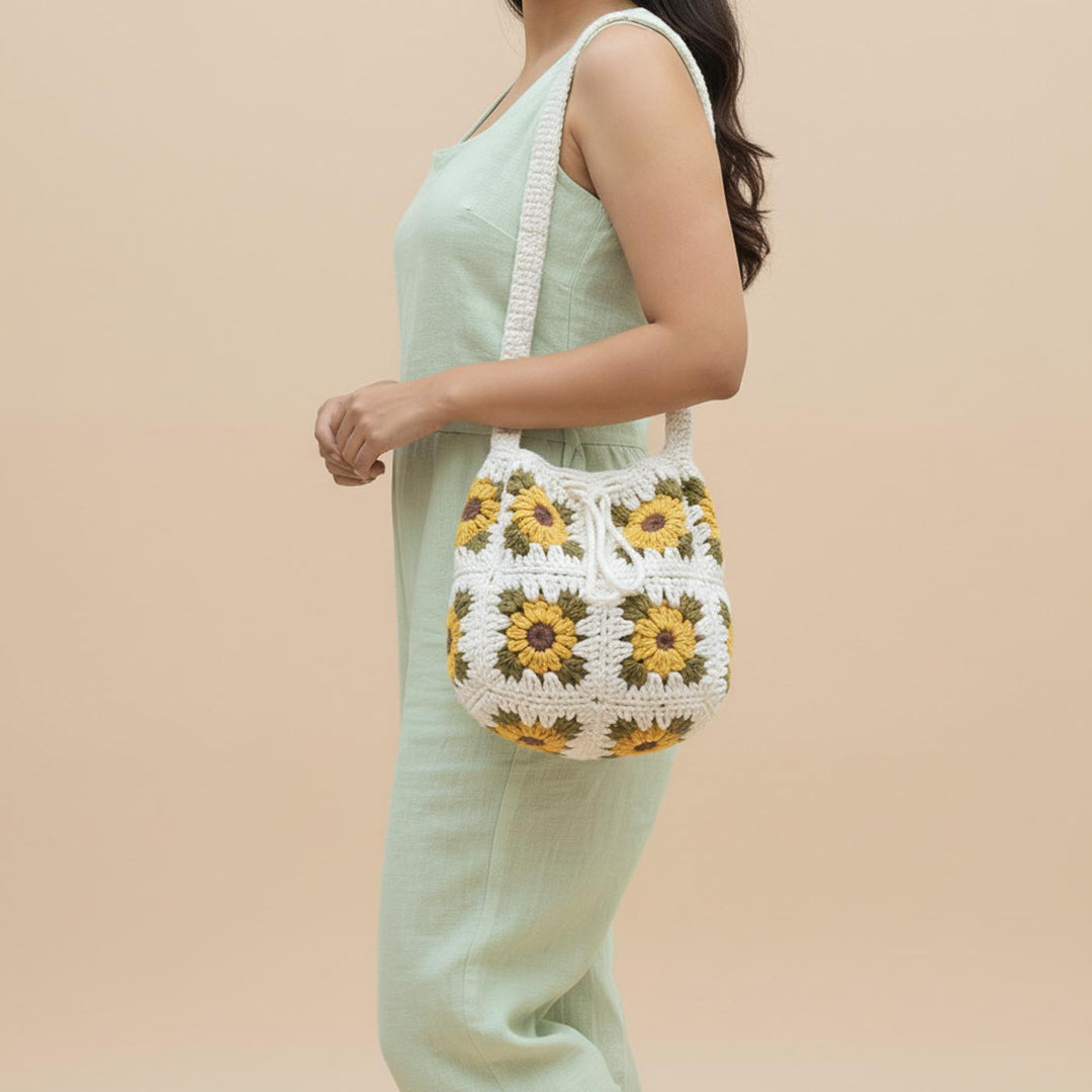 Handmade Crochet Sunflower Design Cotton Handbag