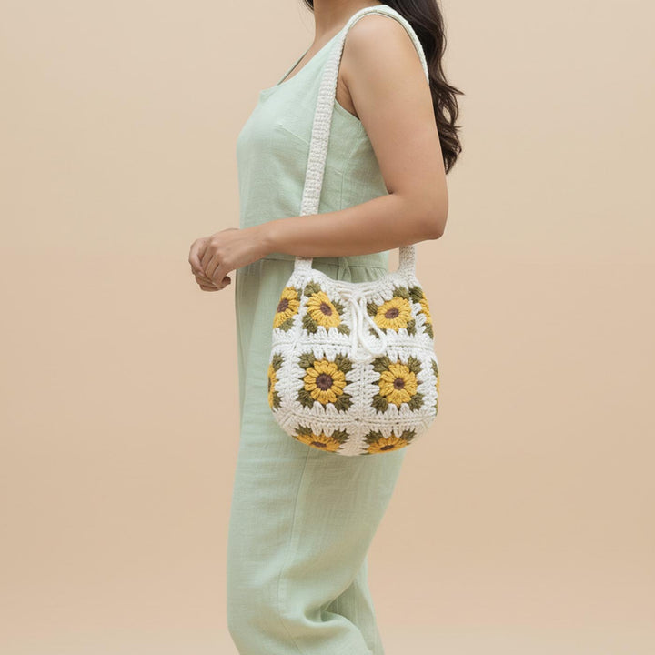 Handmade Crochet Sunflower Design Cotton Handbag