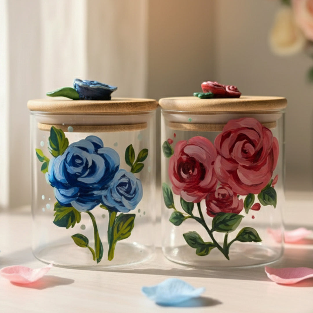 Hand-Painted Rose Glass Storage Container