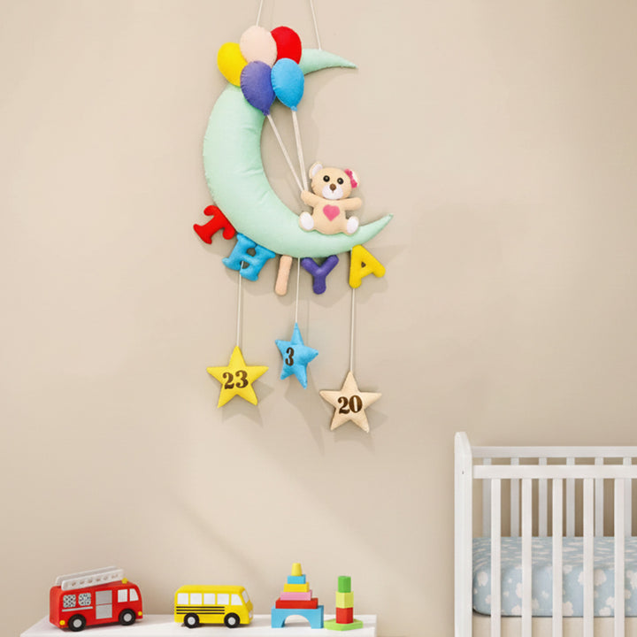 Handmade Teddy on the Moon Kids Felt Name Hanging with Birthdate