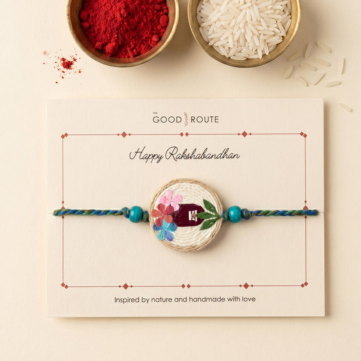 Handmade Pressed Flower Art Shivling Jute Rakhi With Roli Chawal For Bhaiya