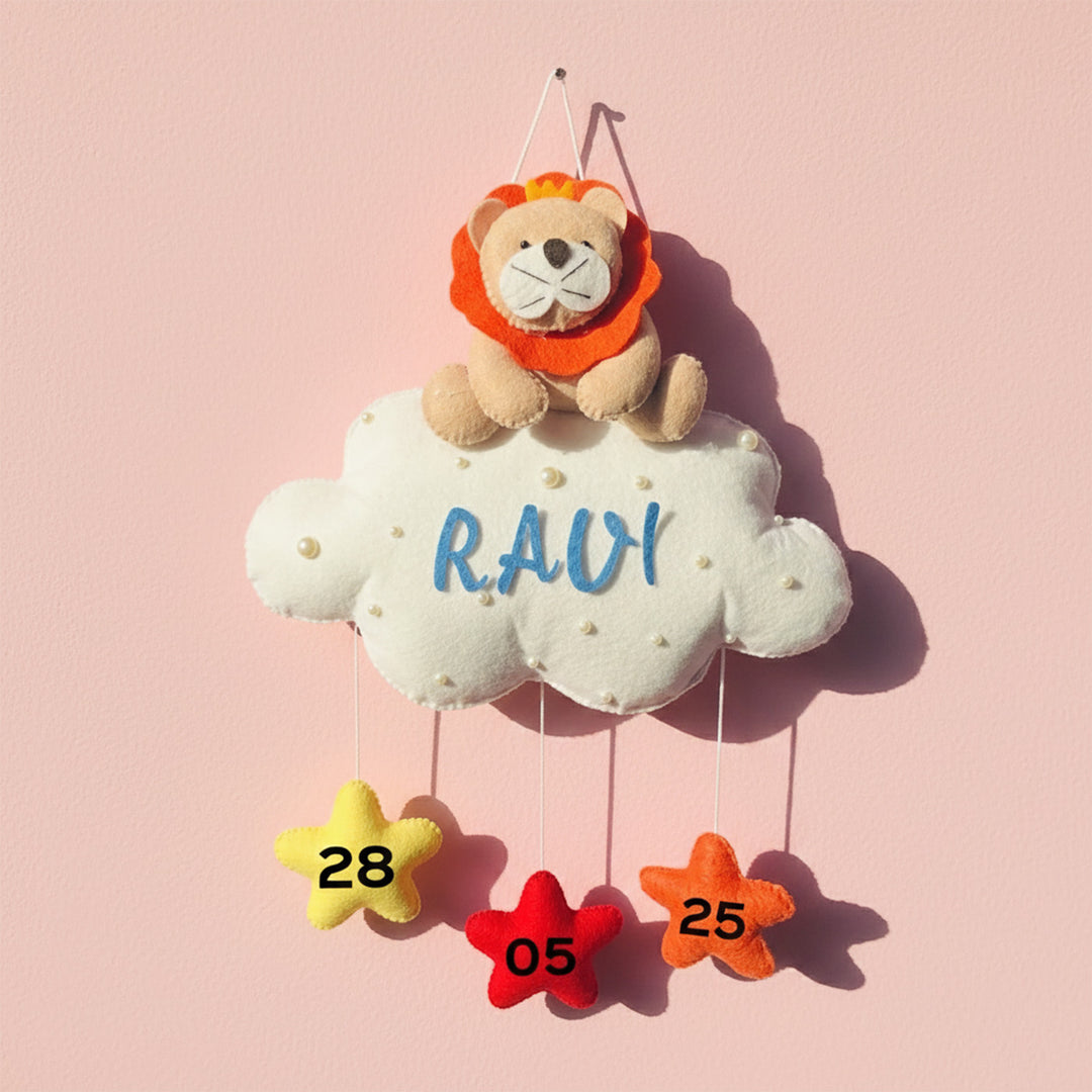 Personalized Handmade Animals On Cloud Theme Felt Kids Name Plate With Date of Birth