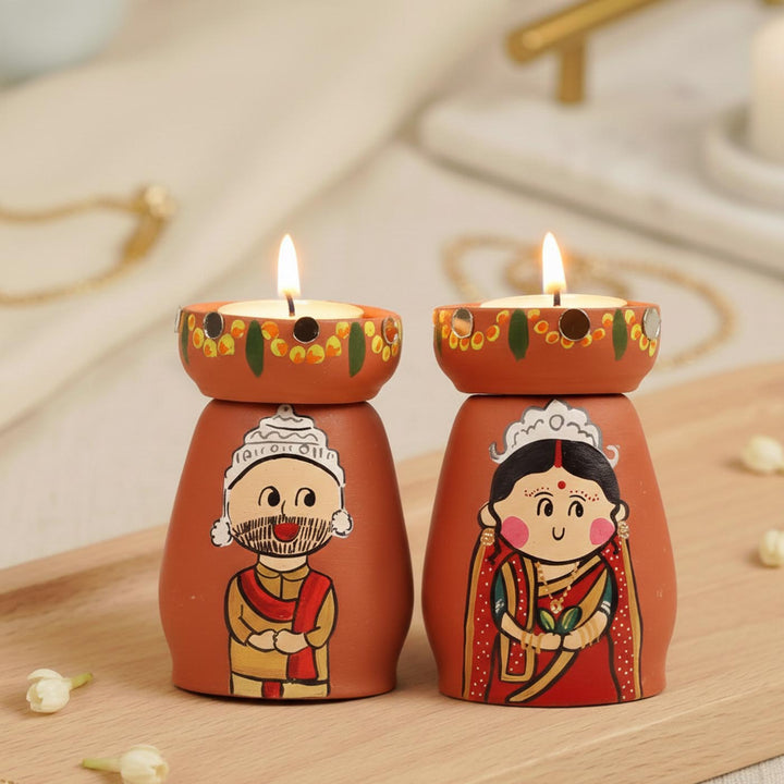 2 Pc | Bengali Couple Handpainted Terracotta Tealight Holders