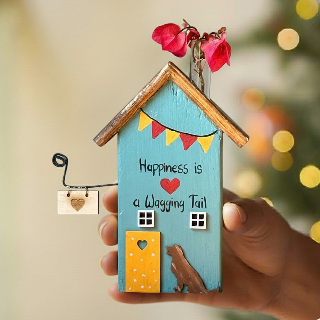 2 pc | White & Blue Handcrafted Miniature Wooden House Planter/Pen Holder