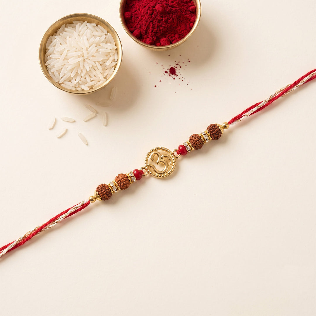 Om Rudraksh Kundan Rakhi For Brother With Roli Chawal