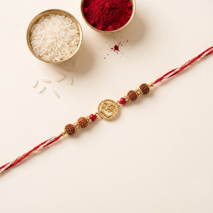 Om Rudraksh Kundan Rakhi For Brother With Roli Chawal