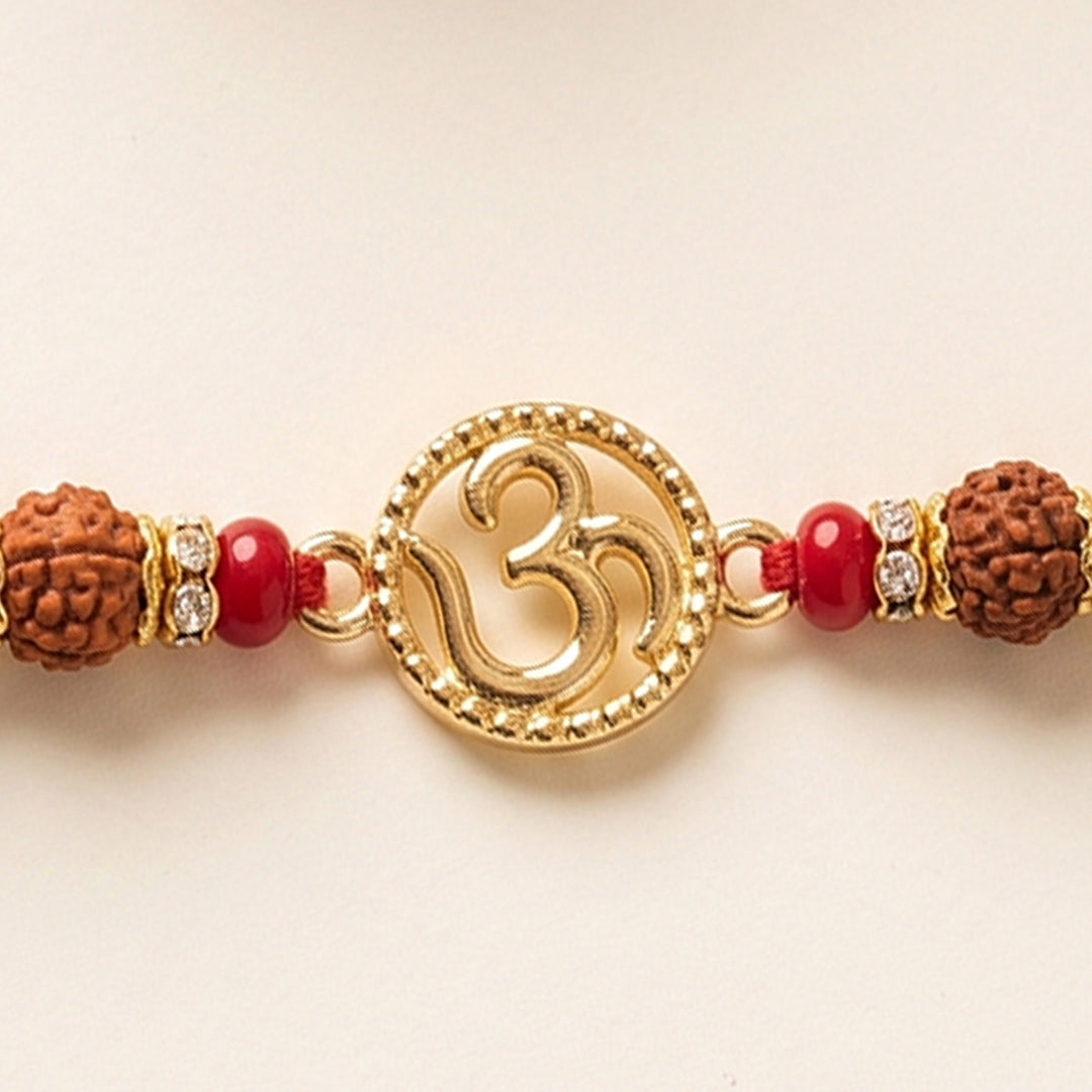 Om Rudraksh Kundan Rakhi For Brother With Roli Chawal
