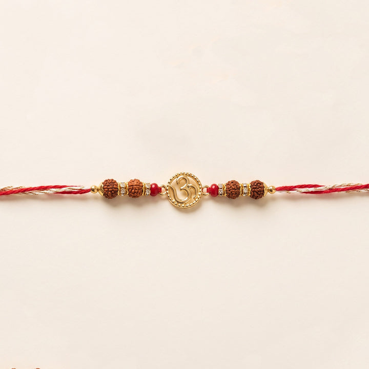 Om Rudraksh Kundan Rakhi For Brother With Roli Chawal