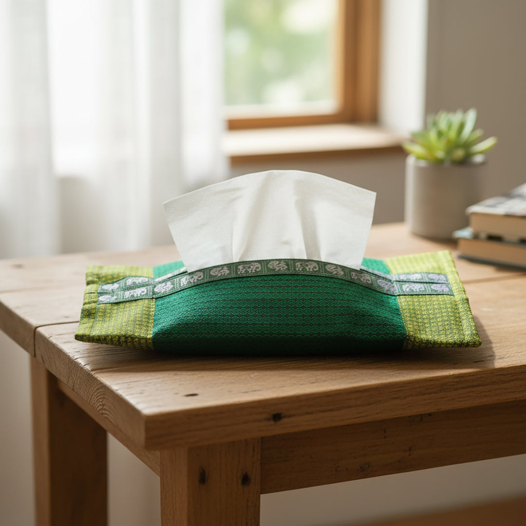 Handmade Green Elephant & Peacock Motif Khunn Fabric Cotton Tissue Box Cover