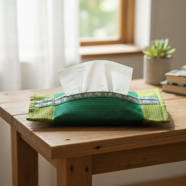 Handmade Green Elephant & Peacock Motif Khunn Fabric Cotton Tissue Box Cover