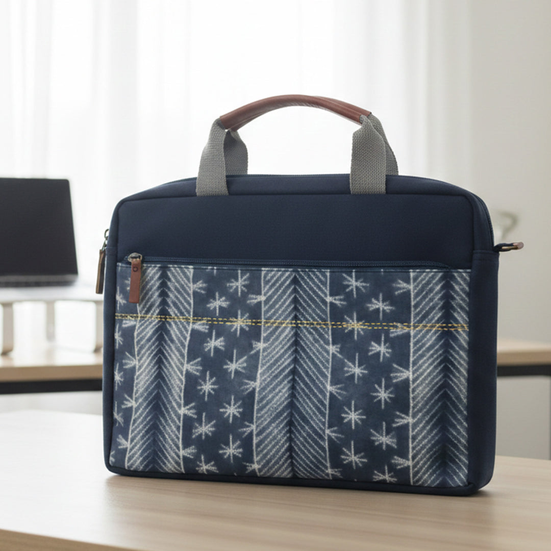 Handcrafted Water-Resistant Block Printed Navy Blue Laptop Bag