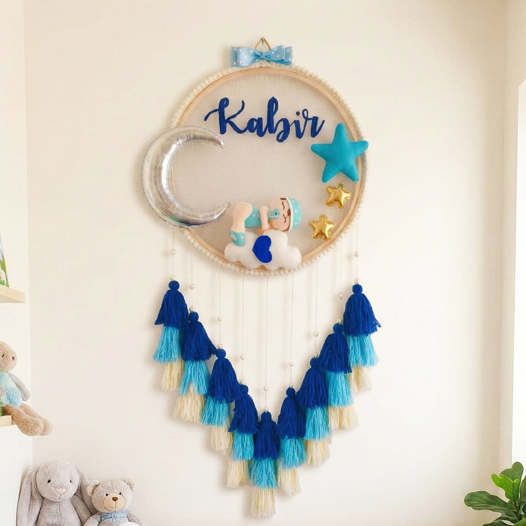 Personalized Sleeping Baby Boy Theme Kids Name Plate With Tassels