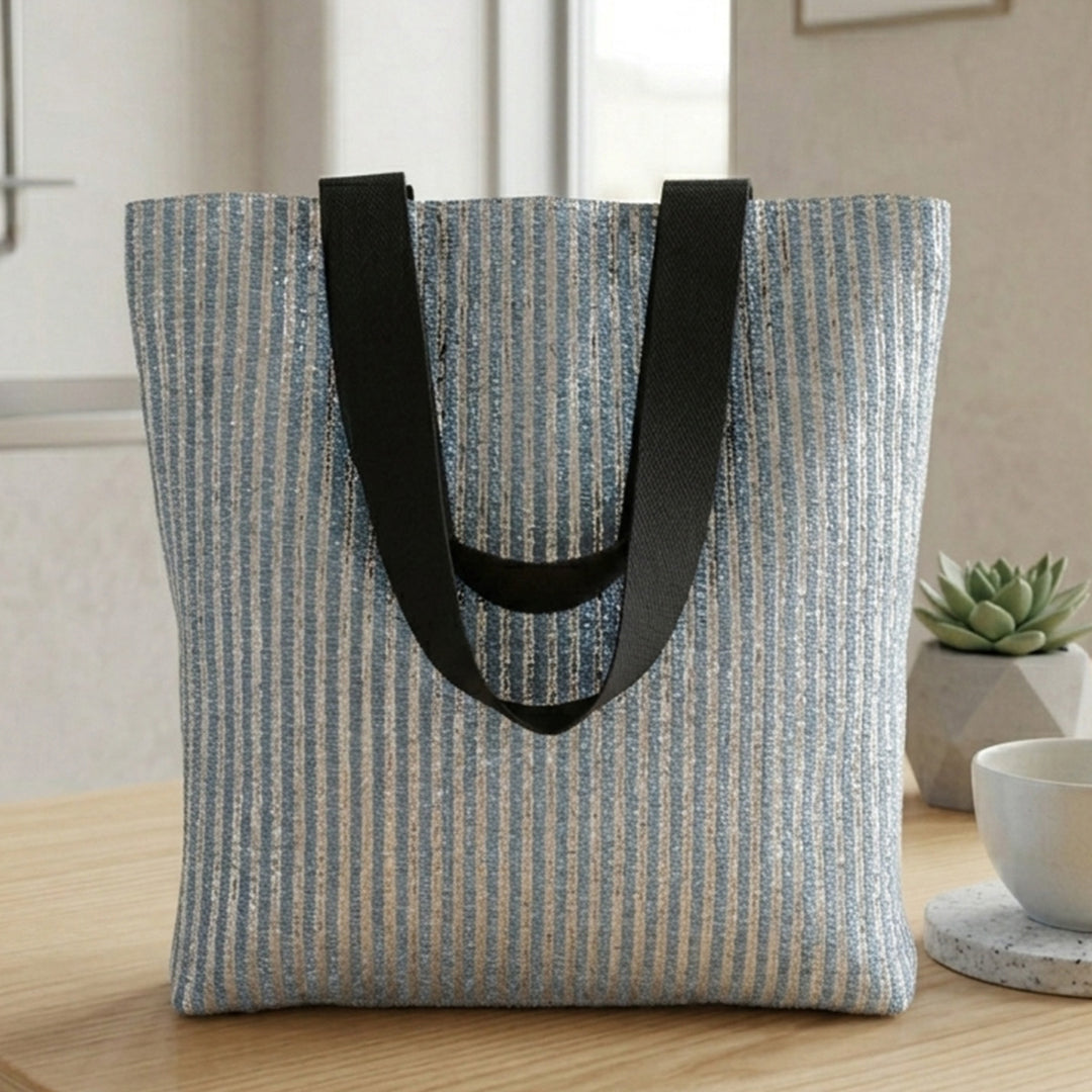Blue and Silver Striped Upcycled Plastic Handcrafted Classic Tote Bag For Everyday Use