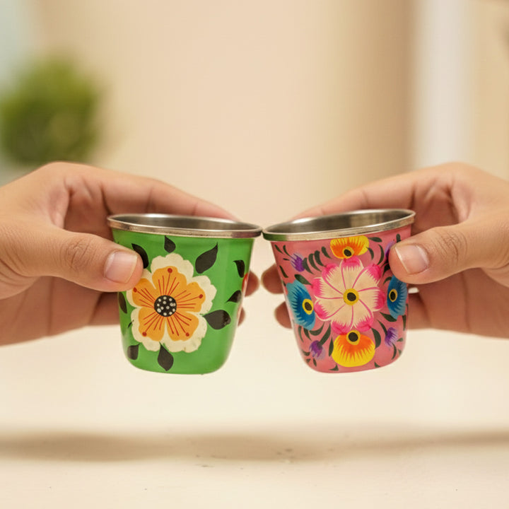 2Pc | Hand-Painted Pink & Green Floral Kashmiri Art Stainless Steel Shot Glasses