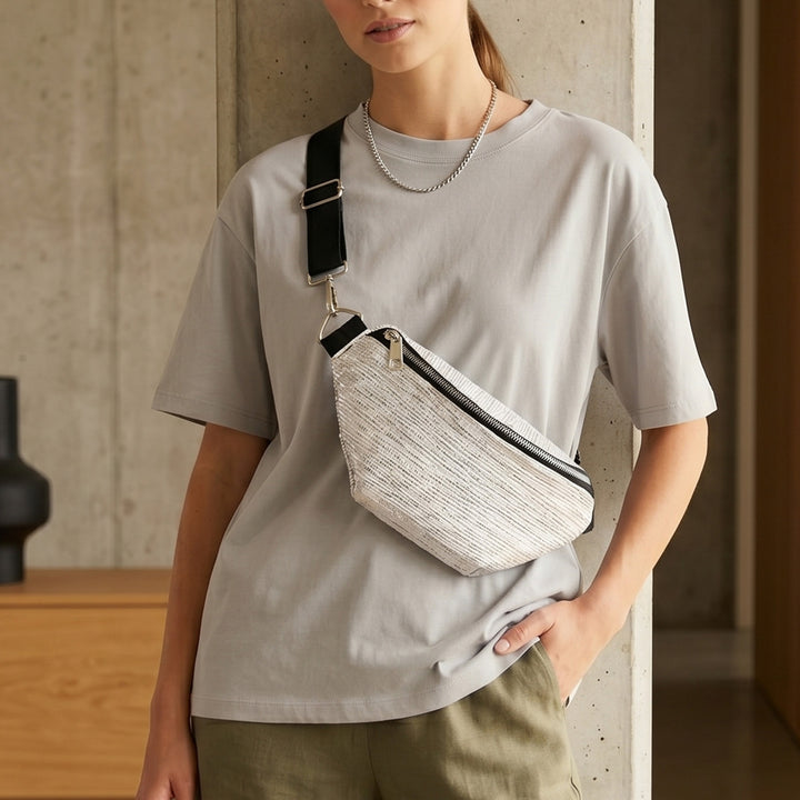 Silver and White Upcycled Handcrafted Lightweight Plastic Fanny Pack Crossbody Bag