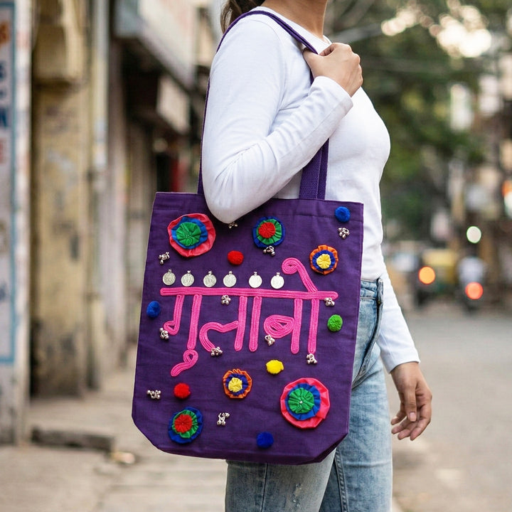 Hand-Embroidered Dori Work Gulabo Tote Bag
