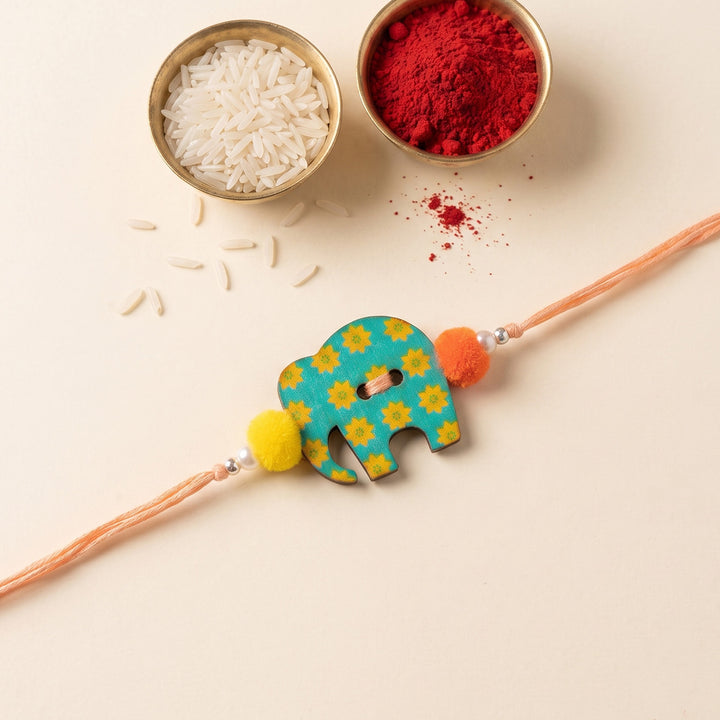 Gaju Elephant Handcrafted Wooden Kids Rakhi With Roli Chawal For Brother