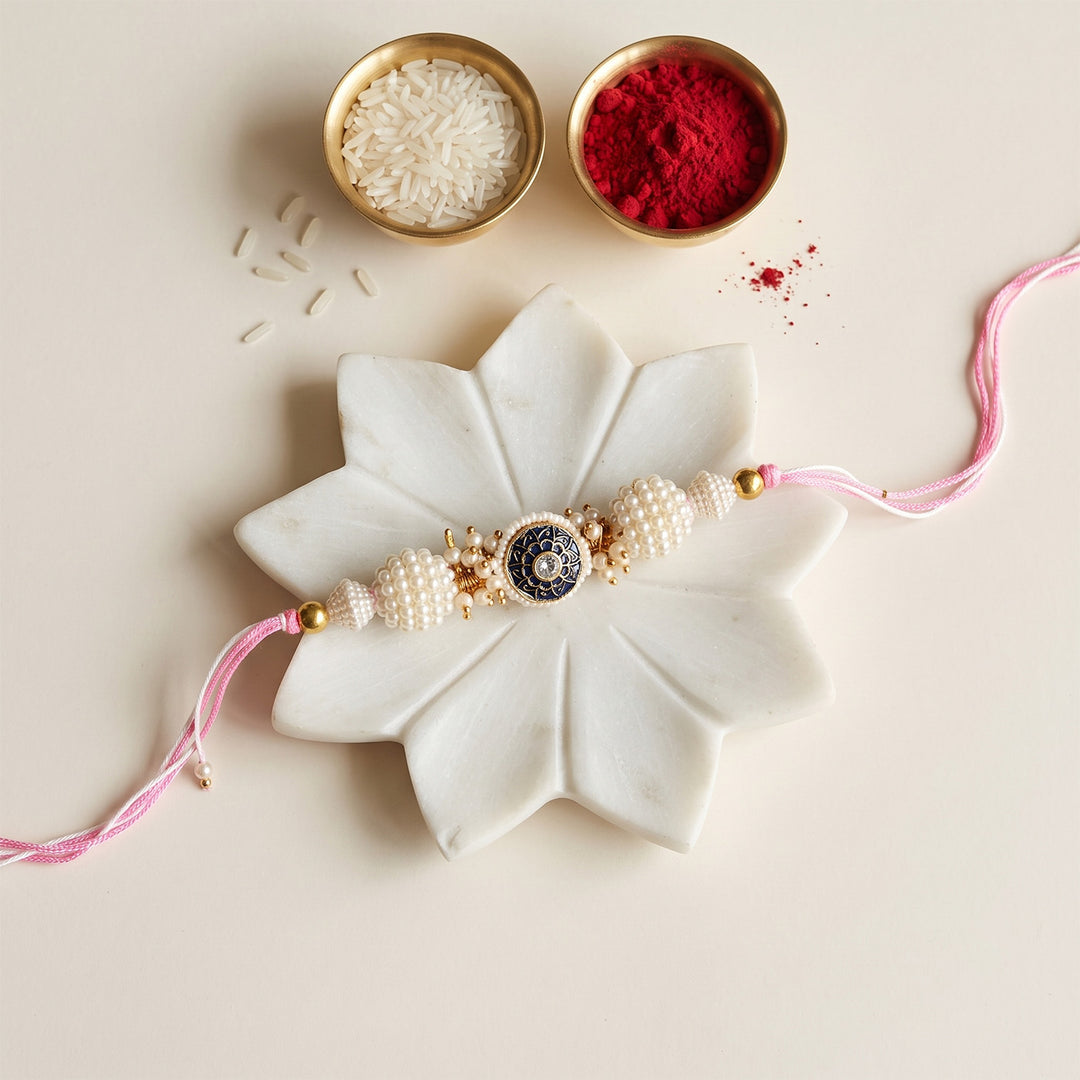 Hand-Knotted Blue Beaded Rakhi With Roli Chawal For Brother